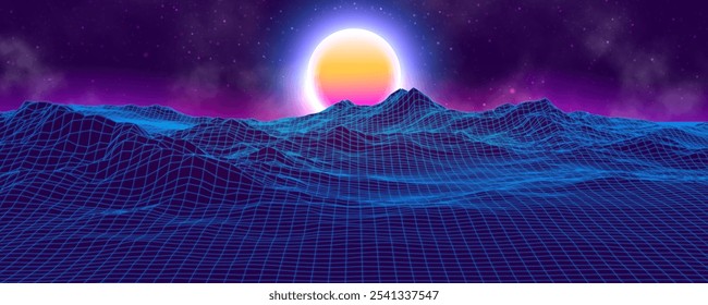 Futuristische Landschaft mit Bergen und Sonnenuntergang. 80er Jahre Retro Neon Konzept. Vektorgrafik.