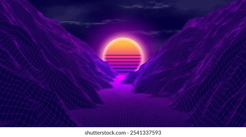 Paisaje futurista con montañas y puesta de sol. Concepto de neón retro de los años 80. Ilustración vectorial.