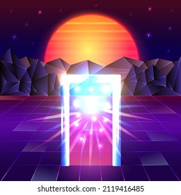 Futuristic landscape in neon colors, retro style with laser grid. Open door, portal or teleport concept. Abstract futuristic landscape in neon colors.