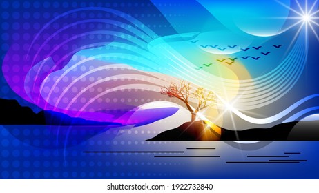 futuristic landscape. overlapping smooth stripes, lights, flashes of light, translucent shapes with wavy edges, silhouettes of the banks, a tree, flying birds on a purple-blue-yellow background.vector