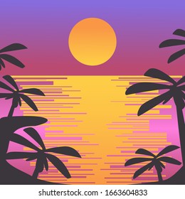 Futuristic landscape with palms 1980s Retro wave style. Electronic party music fest, electro summer poster. Gradients background.