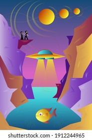 Futuristic landscape. Planets. UFO. Rocks. People on the rock. ocean. Fish. Colorful background. Vector illustration.