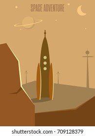 Futuristic landscape. Rocket mountains in the background in style pop art