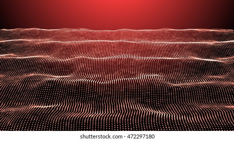 Futuristic Landscape with Shiny Grid. Low Poly Terrain. 3D Network Abstract Background. Vector
