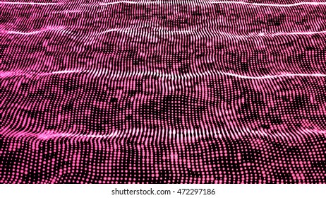 Futuristic Landscape with Shiny Grid. Low Poly Terrain. 3D Network Abstract Background. Vector