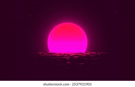 Futuristic landscape with sunset. 80s retro neon concept. Synthwave background. Vector illustration.