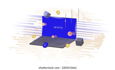 Portátil futurista para el comercio de criptografía, seguridad - escáner de huellas digitales. Formas geométricas hechas de grafito y vidrio. Monedas de cripto de oro. Banner de negocios, afiche, volante.