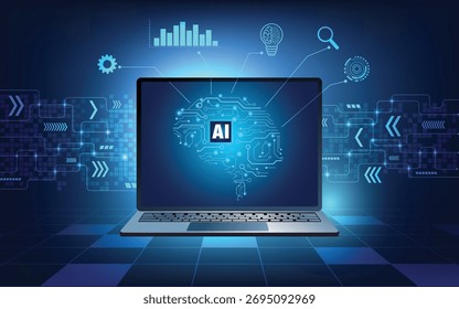 Laptop futurista exibindo a interface cerebral digital da IA com circuitos brilhantes e ícones de dados, simbolizando inovação, aprendizagem de máquina e tecnologia de inteligência artificial.