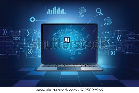 Futuristic laptop displaying AI digital brain interface with glowing circuits and data icons, symbolizing innovation, machine learning, and artificial intelligence technology.