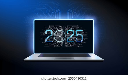 Portátil futurista que muestra el diseño tecnológico para el año 2025 con circuitos brillantes.