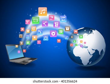 Futuristic laptop and earth Vector Illustration with Holographic and Social Media Icons