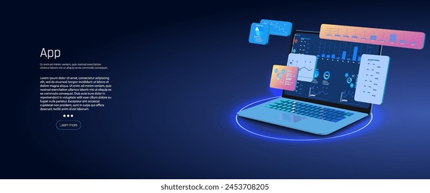 Futuristic Laptop with High-Tech User Interface on a Radiant Circular Platform, Ideal for Software Presentations and Digital Transformation Themes