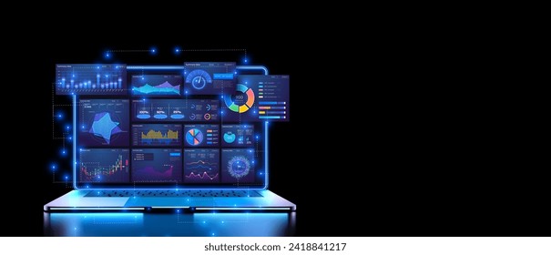 Futuristic laptop projecting high-tech data analytics financial visualization screens in a dark setting. Advanced Data Analytics Visualization with Interactive Laptop Interface Concept. Vector