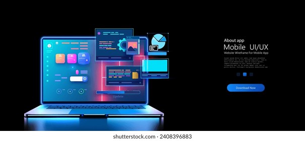 Futuristic Laptop with Transparent Floating Interface Elements and Neon Glow. Web development and coding. Cross platform development website ui, ux.  Templates internet page of website . Vector