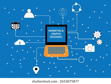 Futuristic Laptop Vector Illustration with Holographic World Map and Social Media Icons Design
