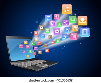 Futuristic laptop Vector Illustration with Holographic and Social Media Icons