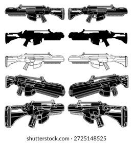 Futuristic Laser Assault Rifle Vector 01. Arma De Carabina Automática De Ciencia Ficción Abstractas Con Silueta Incluida. Una Ilustración Aislada Sobre Fondo Blanco.