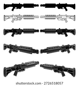 Futuristischer Laser-Sturmgewehr-Vektor. Abstrakte Sci-Fi automatische Maschinengewehr Waffe mit Silhouette enthalten. eine Abbildung einzeln auf weißem Hintergrund.