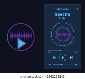 Futuristic and Latest style music player interface with holographic soundwave icon, glowing controls, and dynamic layout. Perfect for apps, UI UX, entertainment, or tech inspired designs.