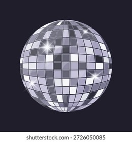 Futuristic lavender chrome disco ball with mirror reflective surface on dark background. Cold metallic sphere with soft lavender undertones and geometric facets. Modern fashion and futuristic style illustration for posters, music, beauty and digital design projects.