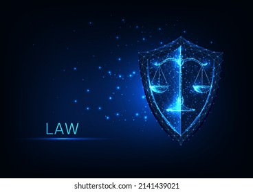 Futuristic law protection concept with glowing low polygonal scales and shield on dark blue