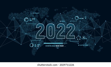 Futuristic layout for 2022 year on background with polygons connection structure and world map in pixels. Digital visualization. Business technology concept. Tech wallpaper 2022. Vector illustration