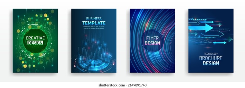 Futuristic Layout For Presentation, Poster, Leaflet, Annual Report, A4 Size. Abstract Vector Template In Hi-tech Style. Modern Cover Design Using Tech Elements And Data Visualization. 