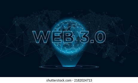 Futuristic layout for web 3.0 on background with polygons connection structure and world map in pixels. Digital visualization. Business technology concept. Tech wallpaper web 3.0 Vector illustration