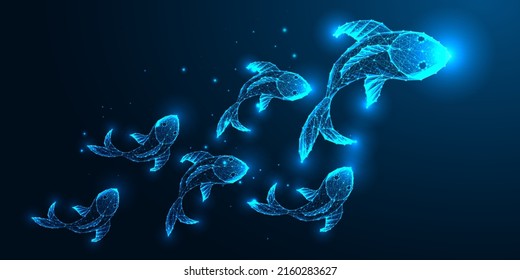 Futuristic leadership, teamwork concept with glowing low polygonal leader fish leading the crowd