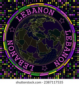 Futuristic Lebanon on globe. Bright neon satellite view of the world centered on Lebanon. Geographical illustration with shape of country and geometric background. Classy vector illustration.
