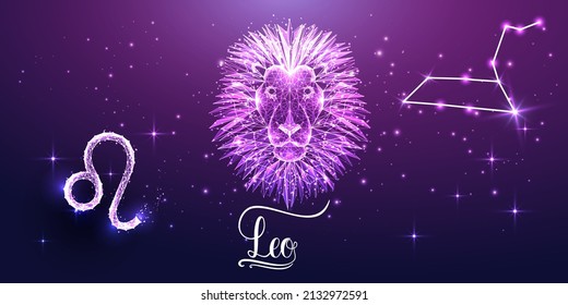 Futuristic Leo zodiac sign on dark purple background. Glowing low polygonal design vector. 