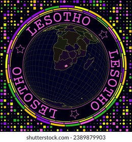 Futuristic Lesotho on globe. Bright neon satelite view of the world centered to Lesotho. Geographical illustration with shape of country and geometric background. Authentic vector illustration.