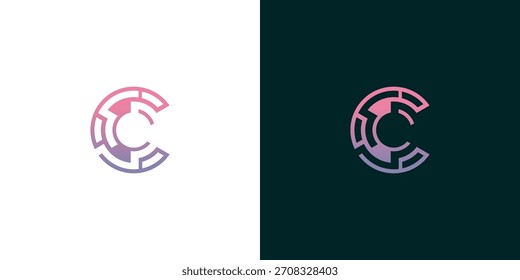 Icono futurista del logotipo de la letra C con un patrón de circuito moderno tipo laberinto. Abstractas diseño de monograma inicial con un vibrante gradiente rosa y púrpura para una marca tecnológica o digital