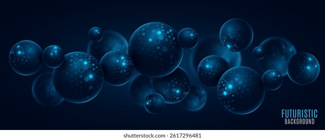 Futuristic levitating 3d spheres textured with pattern of cyber hexagons. Fintech background for Business or Science online webinar. Abstract backdrop for web forum presentation. Vector illustration