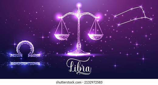 Futuristic Libra zodiac sign on dark purple background. Glowing low polygonal design vector. 