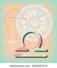 Futuristic Libra zodiac sign on light blue pink background. Glowing low polygonal design vector. Constellation of leo and the astrological circle