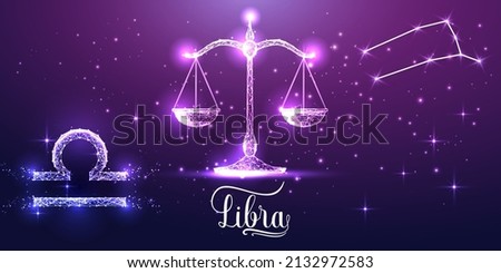 Futuristic Libra zodiac sign on dark purple background. Glowing low polygonal design vector. 