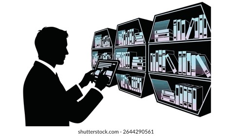 Uma bibliotecária futurista acessando uma estante digital.jpg	Bibliotecário futurista acessando o arquivo de conhecimento da estante digital	Uma bibliotecária futurista acessa elegantemente uma ampla estante digital, em