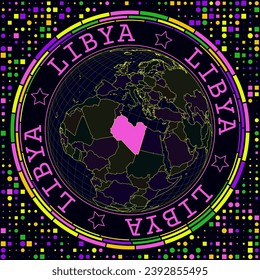 Futuristic Libya on globe. Bright neon satellite view of the world centered on Libya. Geographical illustration with shape of country and geometric background. Captivating vector illustration.