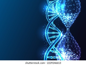 Futuristische Lebenserwartung, Langlebigkeitswissenschaft-Konzept mit glühender, polygonaler DNA-Helix und Stundenglas einzeln auf dunkelblauem Hintergrund. Moderne abstrakte Maschenkonstruktion, Vektorgrafik.