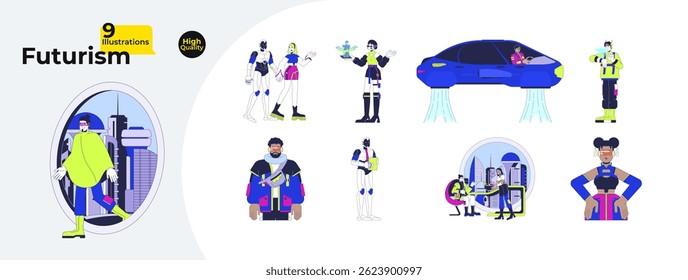 Futuristic lifestyle and technology cartoon flat illustrations mega bundle. Flying car, robot, smart wearables, holograms, scifi city 2D images isolated on white. Collection vector drawings colorful