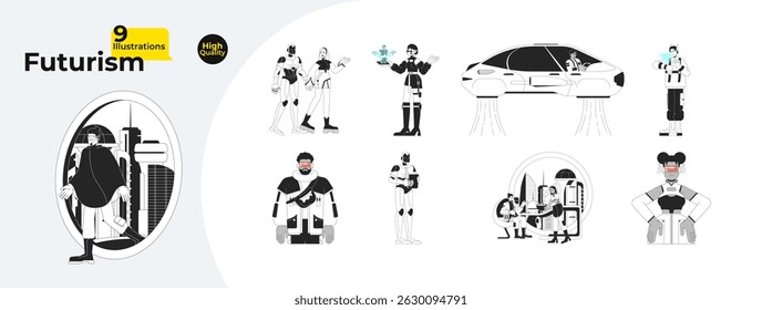 Futuristic lifestyle and technology outline illustrations mega bundle. Flying car, robot, smart wearables, holograms, scifi city 2D linear images isolated. Collection black and white vector drawings
