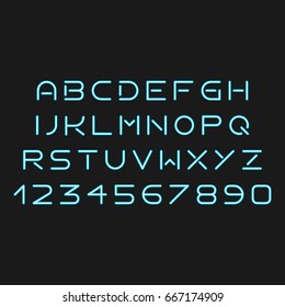 Futuristic light blue font on dark background
