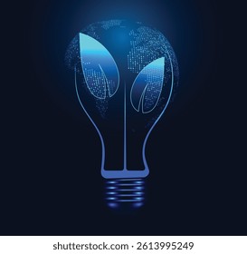 A futuristic light bulb concept incorporating leaves, symbolizing sustainable energy and innovation in green technology.