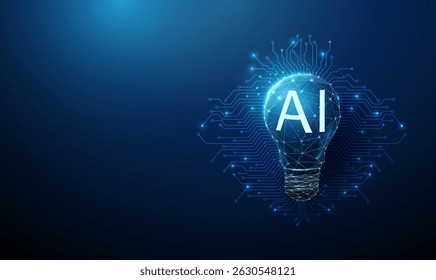 Futuristic light bulb with glowing AI inscription on electronic circuit lines background. AI, smart technology, innovative ideas concept Low poly style. AI-powered solutions, creative thinking Vector.