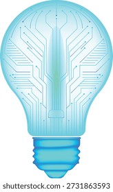 Futuristic light bulb with intricate electronic circuitry glowing in neon blue and green. Isolated on a transparent background, high-tech sci-fi design, energy innovation, luminous vectors
