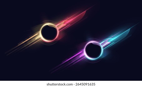 Futuristic light circle with dynamic bright lines creates high-speed motion effect, portal for visualization of sci-fi design and illustrations. Vector