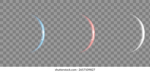 Conjunto de Formas de media luna de efecto de luz futurista. Vector De Destello De Lente Azul, Rojo Y Blanco