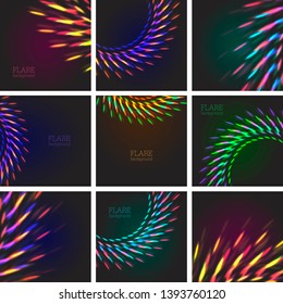 Futuristic light effects set as collection of color lens flare and sun beams, bokeh, night ligts and gas energy electric power concept vector background
