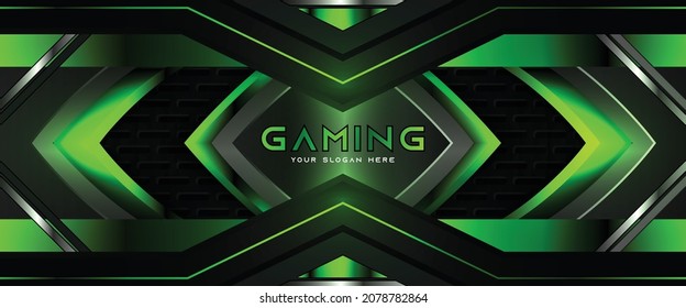 Futuristic Light Green Gaming Banner Design With Metal Technology Concept. Vector Illustration For Business Corporate Promotion, Wallpaper, Game Header Social Media, Live Streaming Background